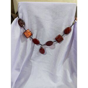 Oval & Rectangular Amber-Style Statement Necklace With Black Cord